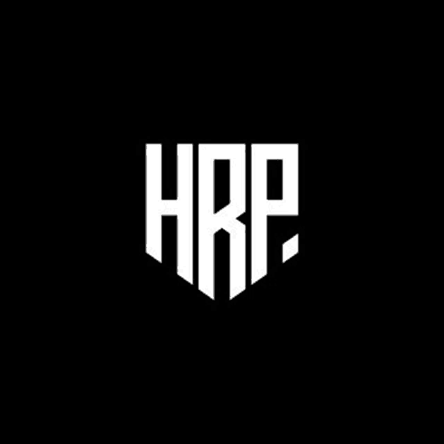 a white logo with a shield on a black background for a company called hrp .