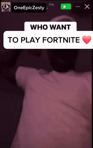a man in a white shirt with the words who want to play fortnite above him