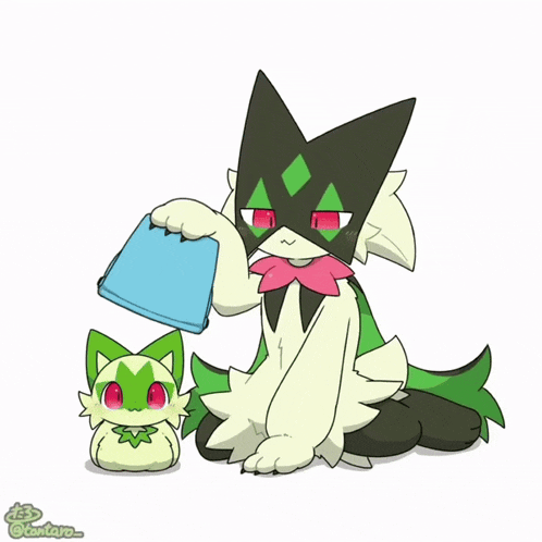 a cartoon drawing of a cat holding a blue bucket next to a smaller cat