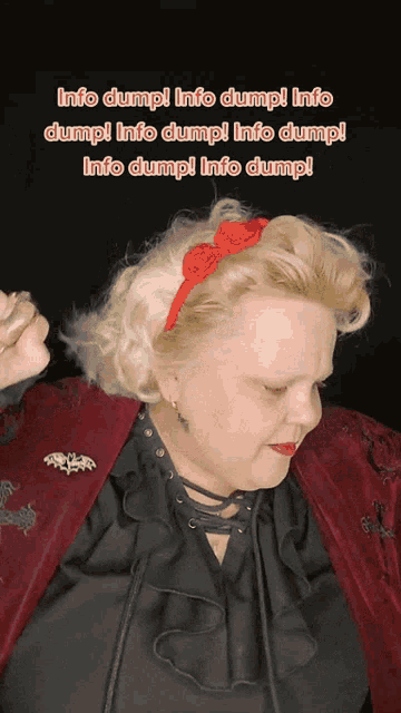 a woman wearing a red jacket and a red headband says info dump info dump info dump info dump info dump info dump info dump info dump