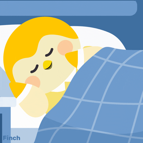 a cartoon of a bird sleeping under a blue blanket with the word finch on the bottom