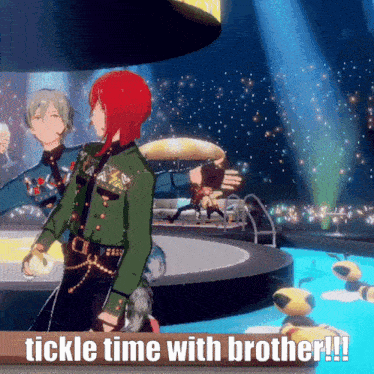 a cartoon of a man with red hair and the words tickle time with brother !!