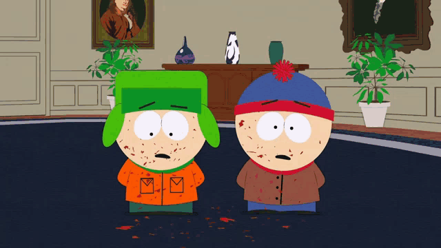 two south park characters standing in a room with blood on their faces