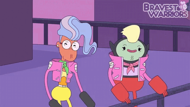 two cartoon characters are standing next to each other and the words bravest warriors are on the bottom