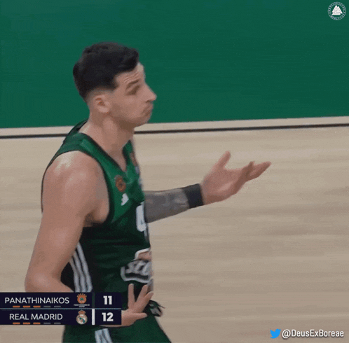 a basketball player wearing a green jersey with real madrid written on it