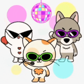 three cartoon animals wearing sunglasses and a disco ball