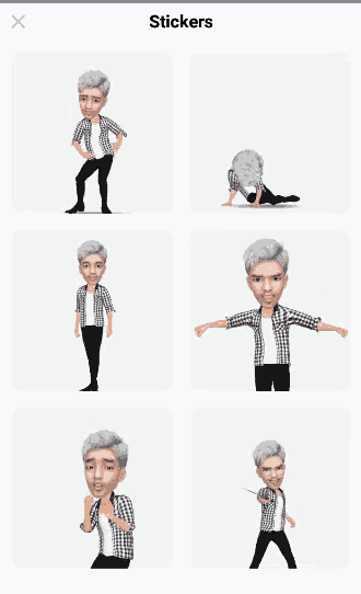 a screenshot of a sticker app shows a man with gray hair in different poses