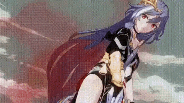 a girl with long blue hair and red eyes is holding a sword in her hand .