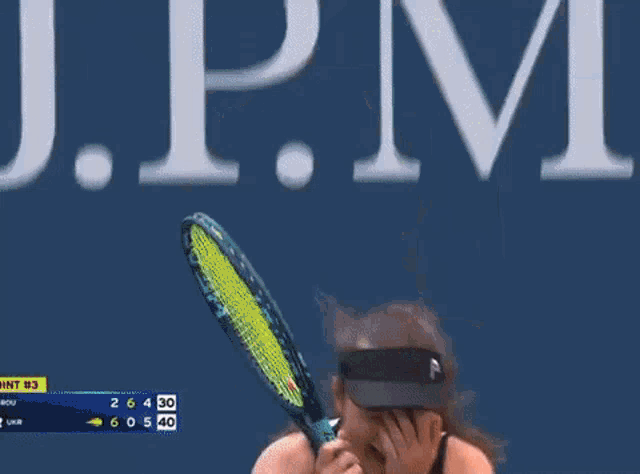 a woman is holding a tennis racquet in her hand and covering her mouth with her hands .