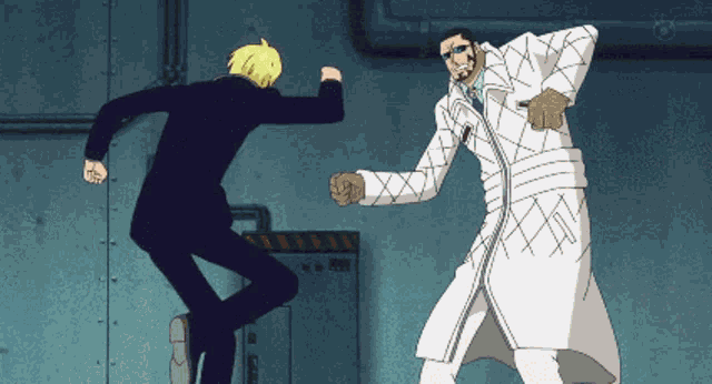 a man in a white coat is standing next to another man