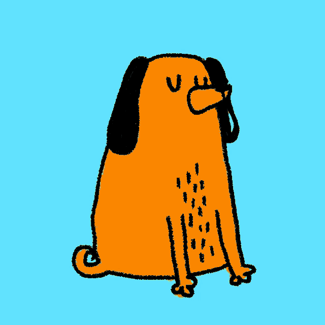 a cartoon drawing of an orange dog with a yellow beak and the letter u on its face