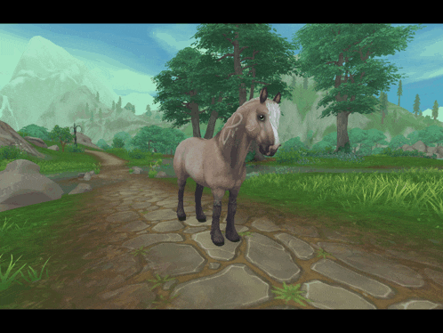 a horse in a video game is standing on a stone path