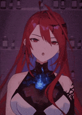 a close up of a girl 's face with red hair and blue eyes