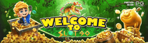 a banner that says welcome to slot 90 with a boy in a treasure chest
