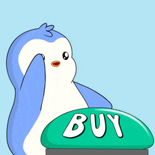 a cartoon penguin is standing next to a green buy button