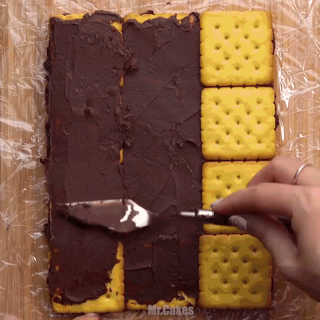 a person is spreading chocolate icing on crackers with the words mr.cakes visible
