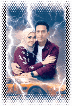 a man and a woman are hugging in front of a yellow car
