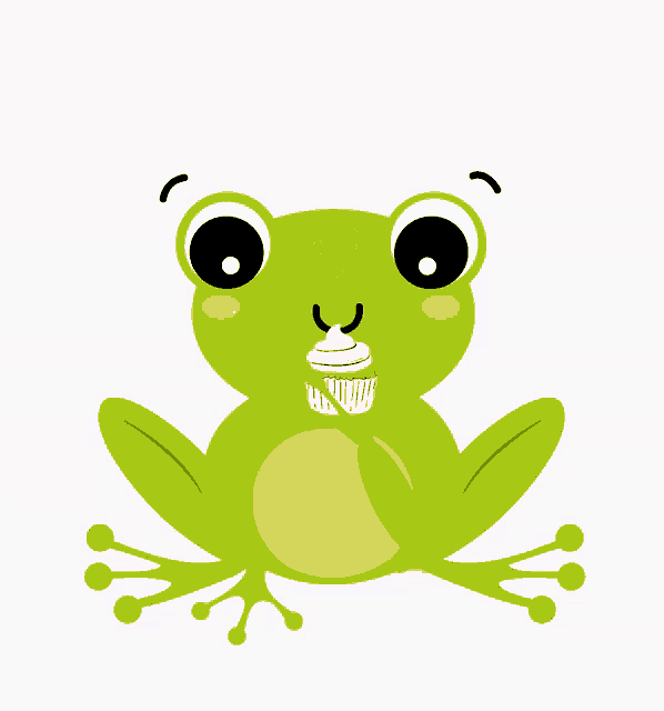a green frog holding a cupcake with whipped cream on top