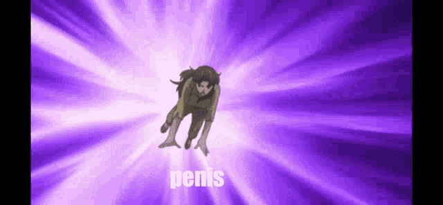 a woman is standing in front of a purple background with the word penis in the corner .