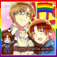 a happy hetalia month poster with a rainbow flag in the background