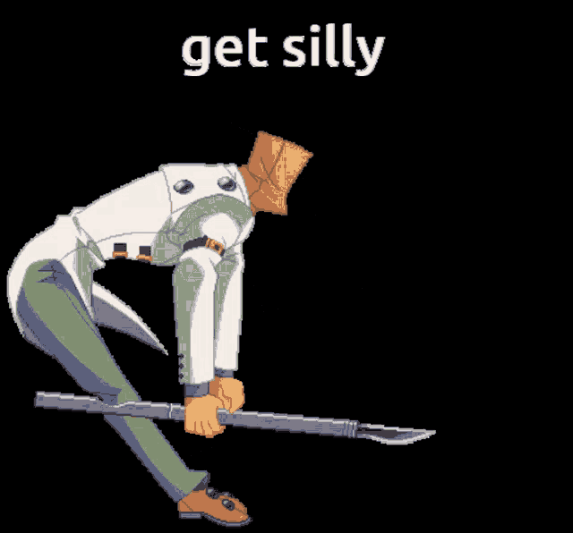 a pixel art of a man with a bag on his head holding a spear with the words get silly above him