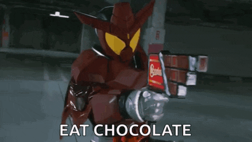 a robot with a cowboy hat is holding a sword and says `` eat chocolate '' .