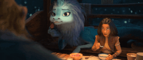 a cartoon character is sitting at a table with a bowl of food