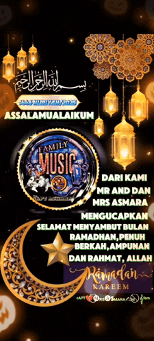 a poster with a crescent moon and a star that says family music