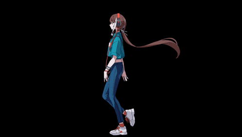 a girl wearing headphones and a blue shirt is flying through the air