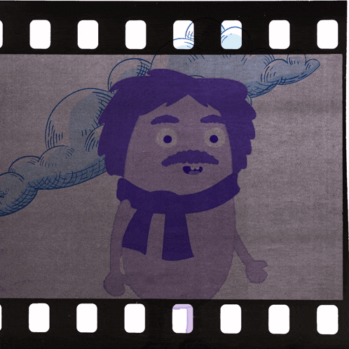 a cartoon drawing of a man wearing a scarf