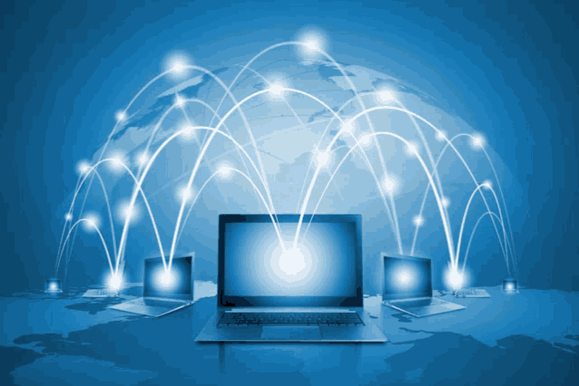 several laptops are connected to each other with a blue background
