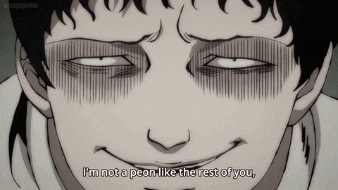 a close up of a person 's face with the words " i 'm not a peon like the rest of you "