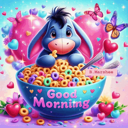 eeyore from winnie the pooh is sitting in a bowl of cereal