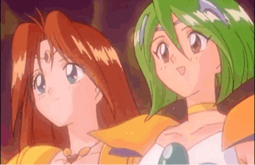 two anime girls with red hair and green hair
