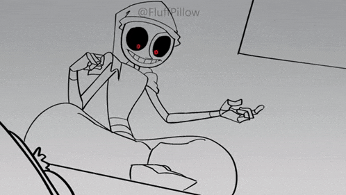 a black and white drawing of a person sitting on a bean bag chair with their eyes closed .