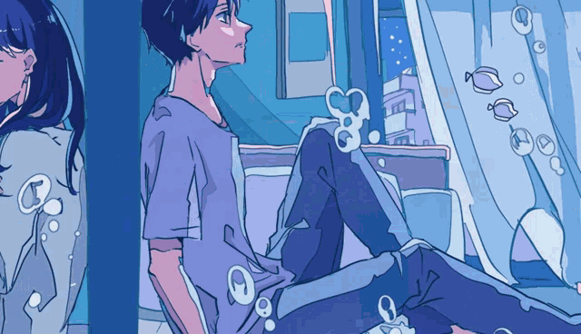 a man and a woman are sitting on a bed with bubbles coming out of the window