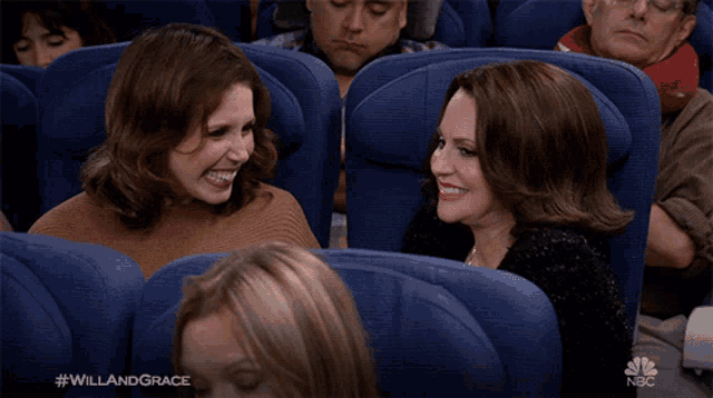 two women are sitting on a plane with the hashtag #willandgrace on the bottom right