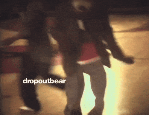 a blurry picture of people walking with dropoutbear written on the bottom left