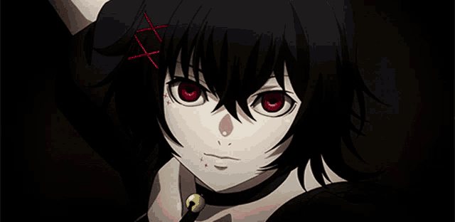 a close up of a girl with red eyes