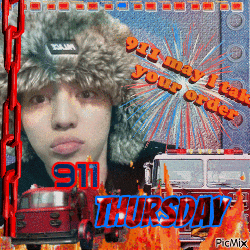 a picture of a man wearing a fur hat with the words 911 thursday in red