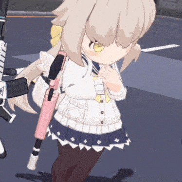 a cartoon girl holding a pink weapon with a triangle on it