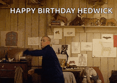a man in a room with stuffed animals and the words happy birthday hedwick above him