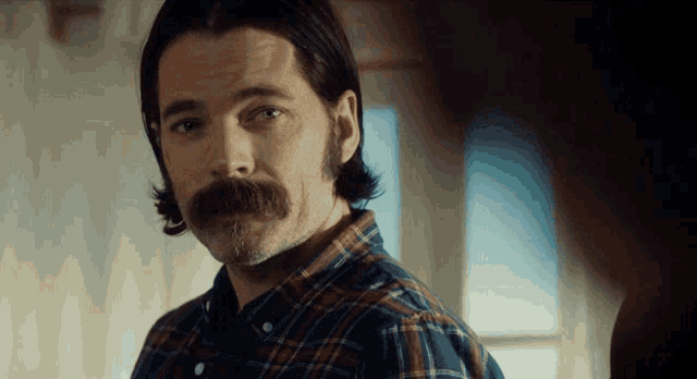 a man with a mustache wearing a plaid shirt looks at the camera