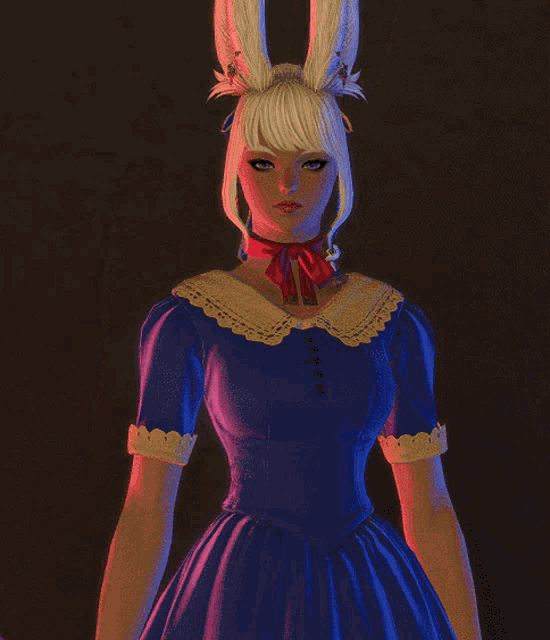 a woman wearing a blue dress and bunny ears is waving