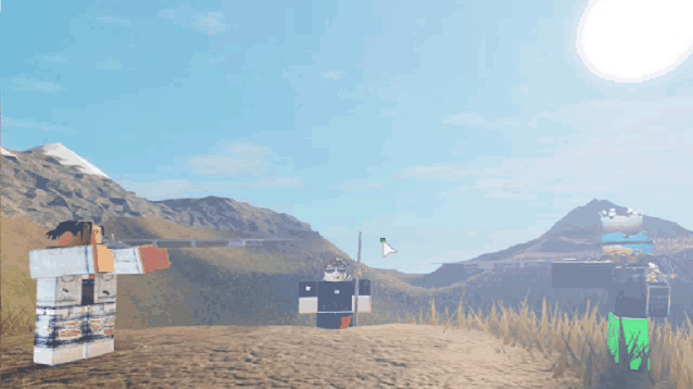 a cartoon character in a video game with mountains in the background