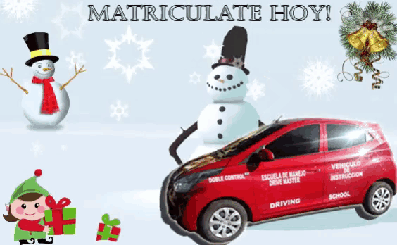 a snowman is standing next to a red car that says matricule hoy