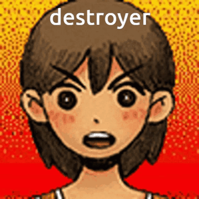 a cartoon drawing of a girl with the word destroyer on her head