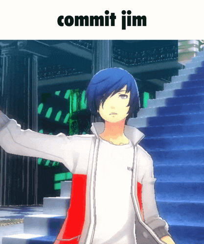 a video game character with blue hair and the words commit jim on the top
