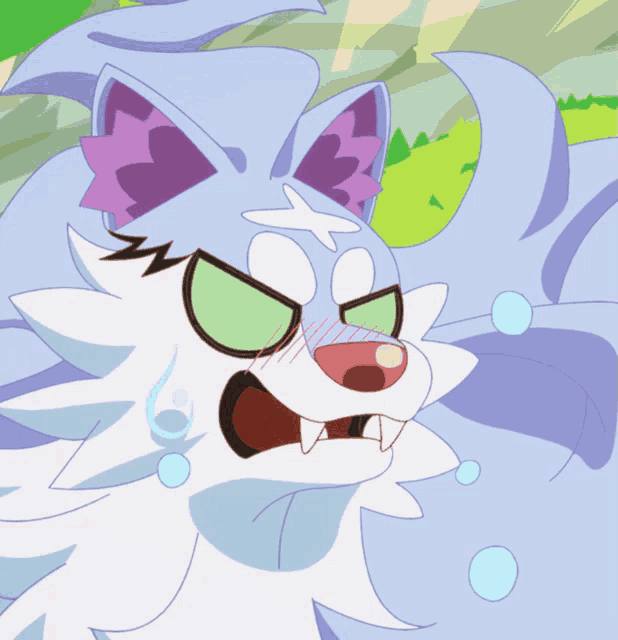 a cartoon drawing of a cat with a purple ear