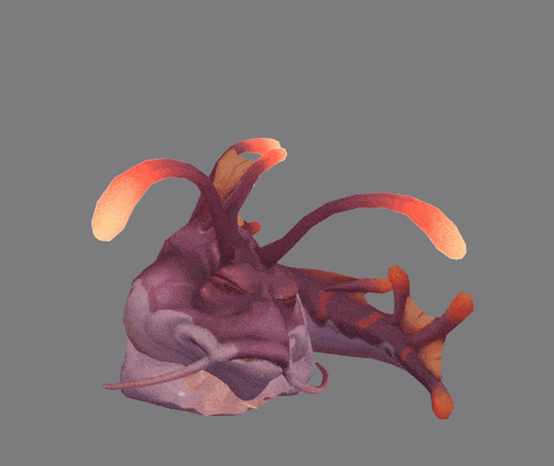 a 3d rendering of a purple and orange frog with a gray background